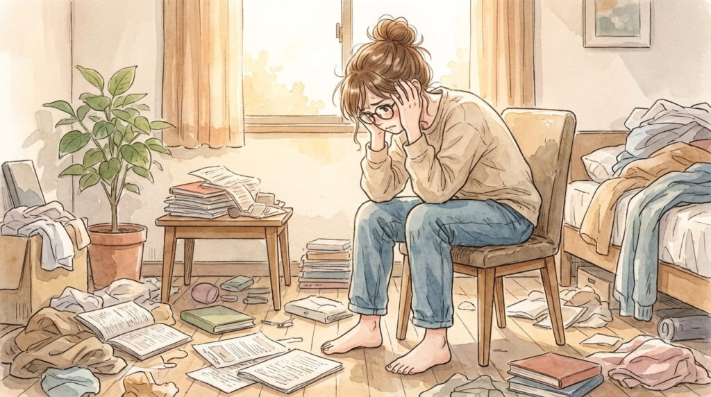 頭を抱える主人公