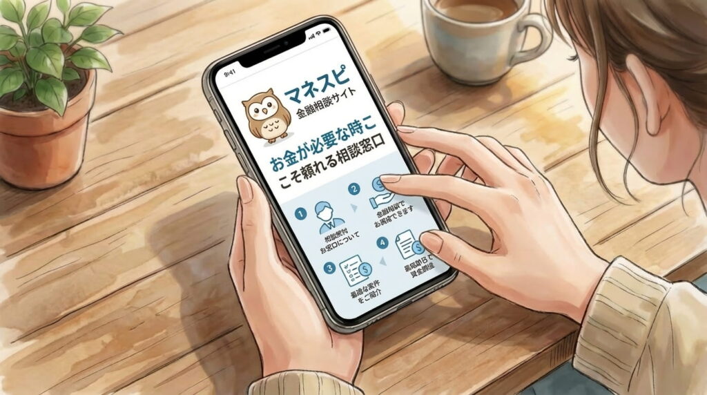 スマホで「マネスピ」のサイトを見ている手元の写真