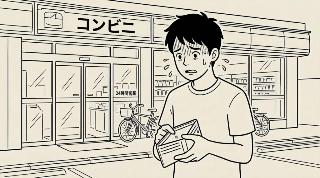コンビニの前で空の財布を見て呆然とする男性