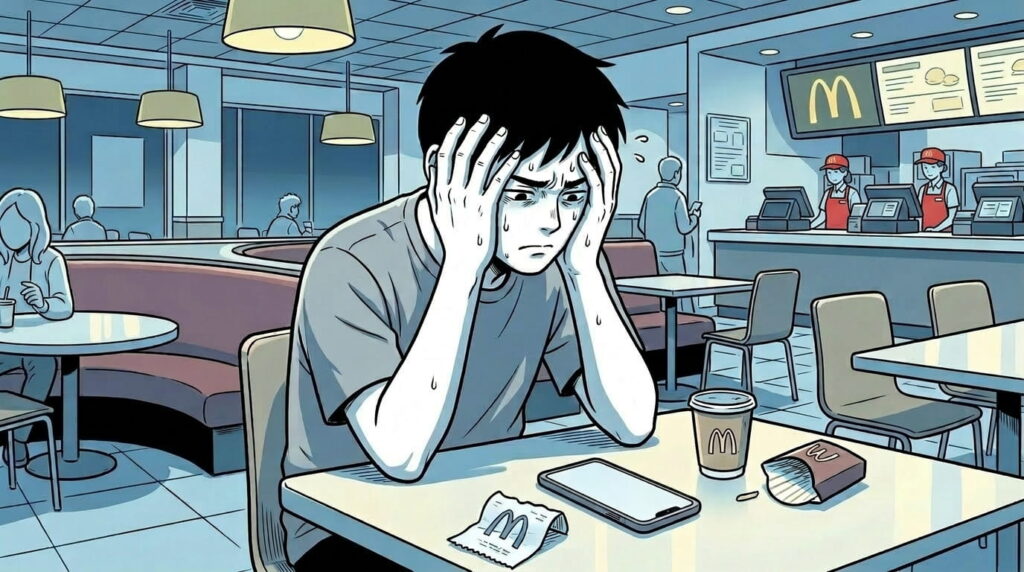 マクドナルドの店内で頭を抱える男性