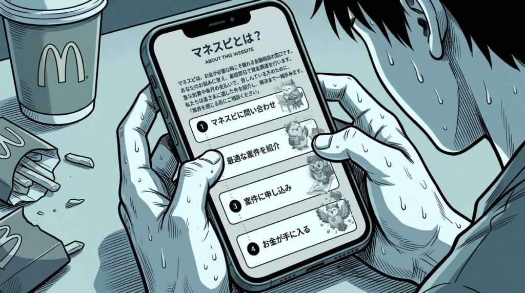 スマホでマネスピのサイトを必死に見ている手元