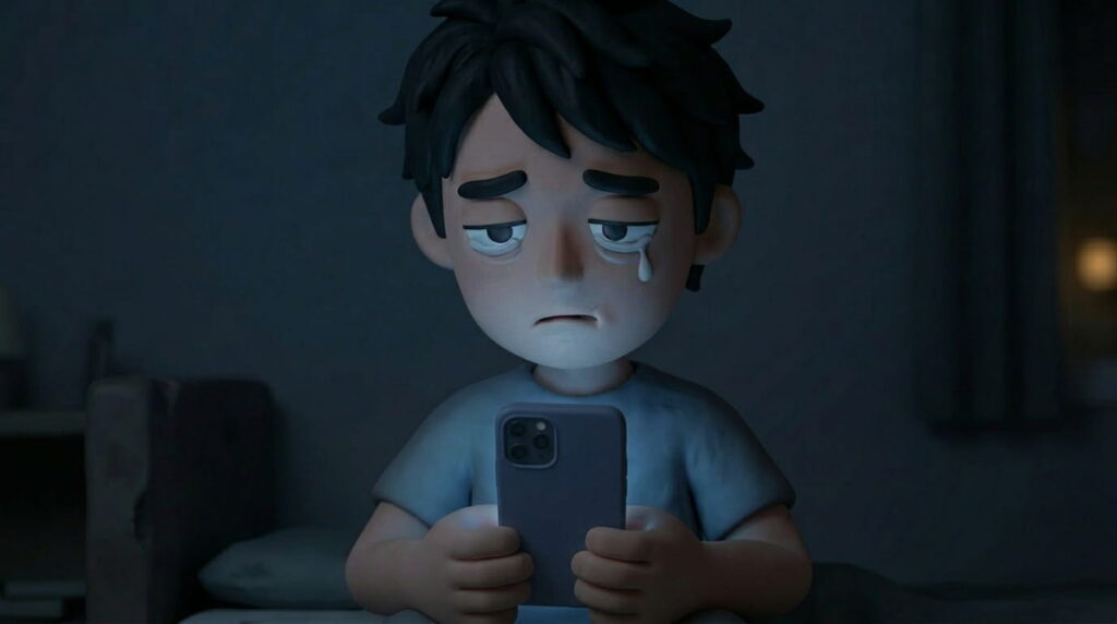 暗い部屋でスマホの明かりだけを見つめる男性