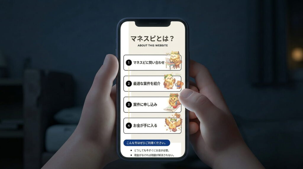 スマホで「マネスピ」のサイトを必死に見ている手元