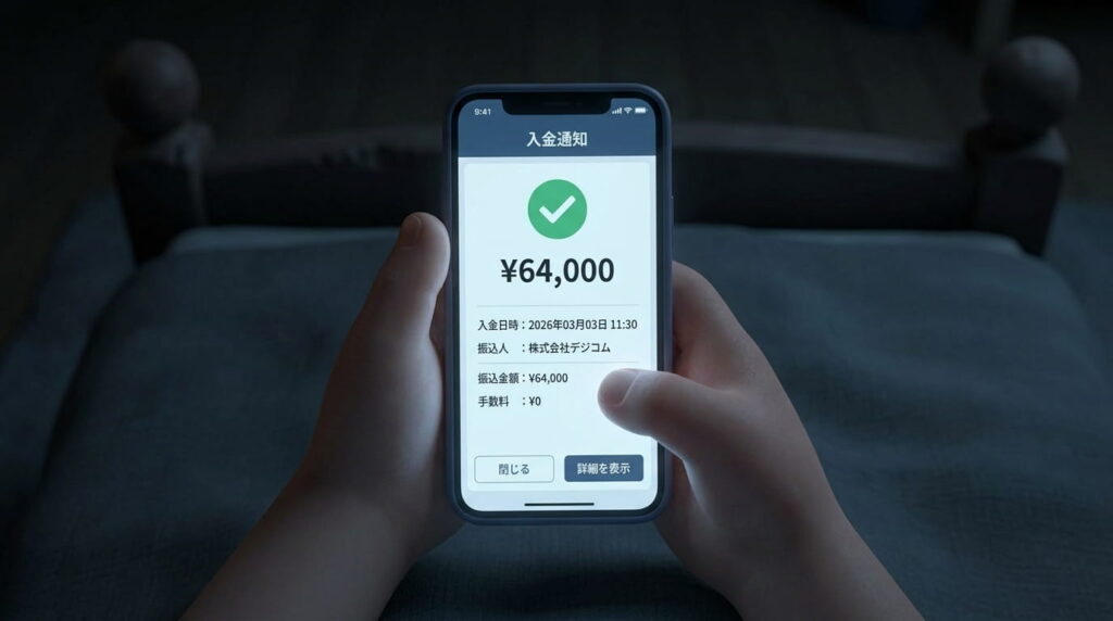 ネットバンキングの入金通知画面