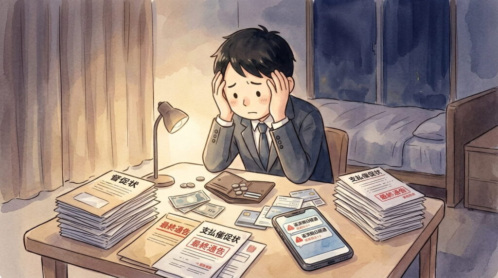 督促状の山とスマホを見て頭を抱える男性