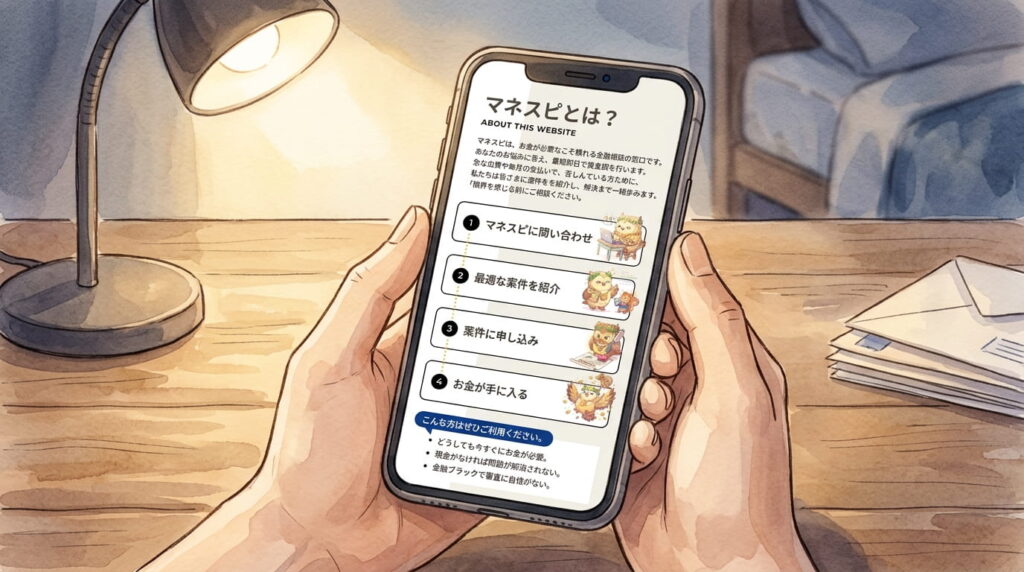 スマホで「マネスピ」の記事を読んでいる手元