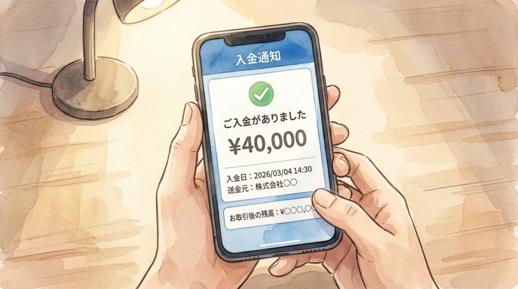 ネットバンキングの入金通知画面