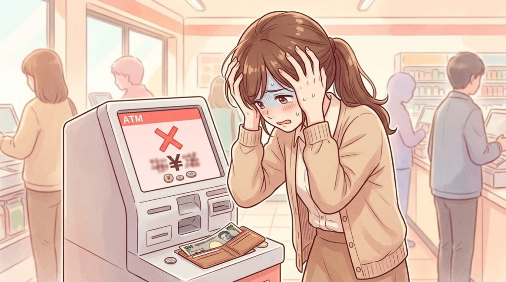 ATMの前で頭を抱える女性