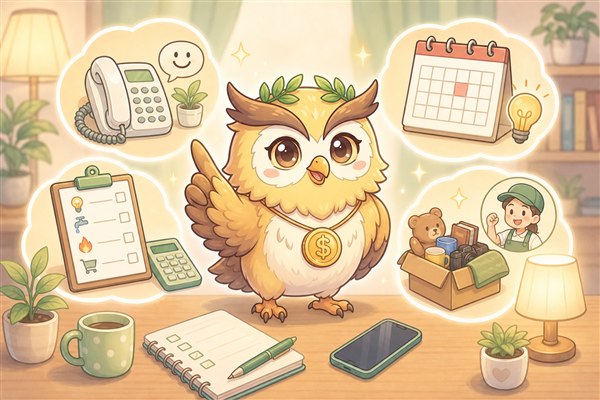 電気代が払えない時に期限・連絡先・支払い方法を整理するフクロウのイラスト