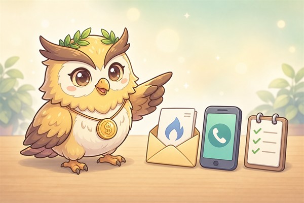 ガス代が払えない時に請求書・連絡先・支払予定を整理するフクロウのイラスト