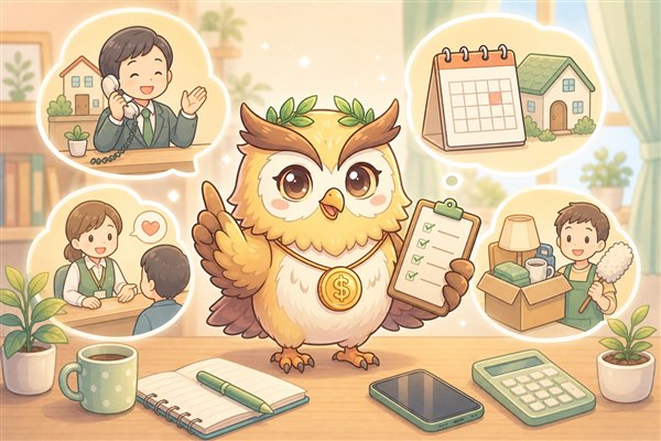 家賃が払えない時に連絡先・期限・相談先を整理するフクロウのイラスト